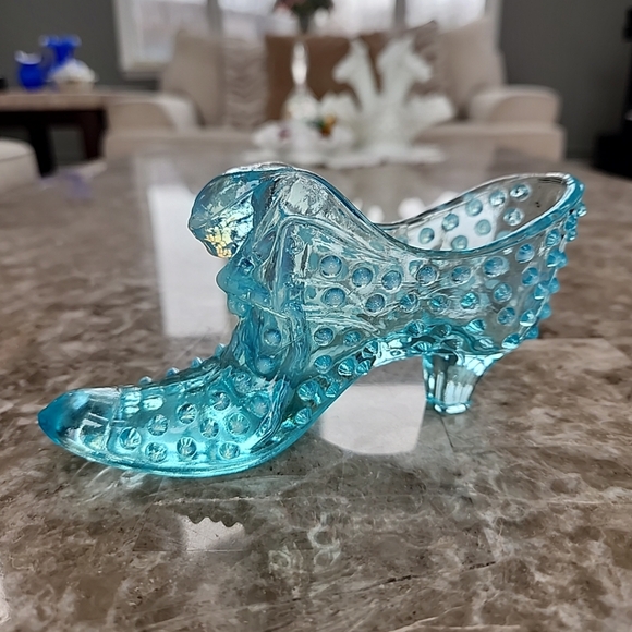 Vintage Blue Opalescent Hobnail Glass Slipper - Picture 2 of 6